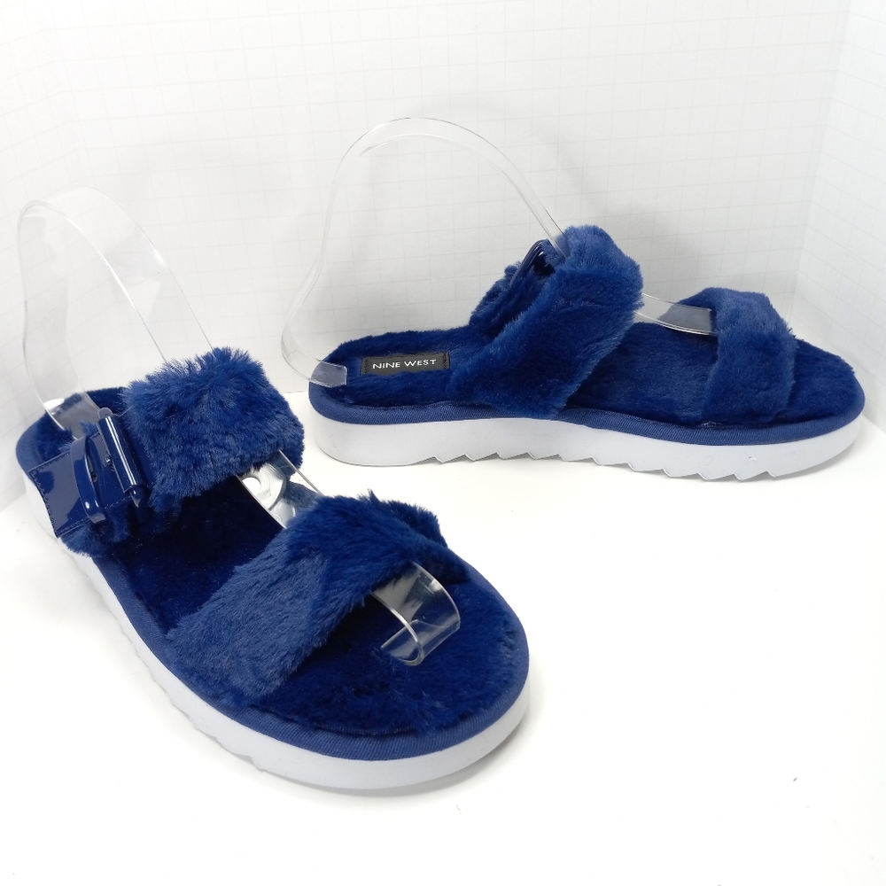 NINE WEST Funkie 2 Blue Faux Fur Slides NIB Sz 8 or 9